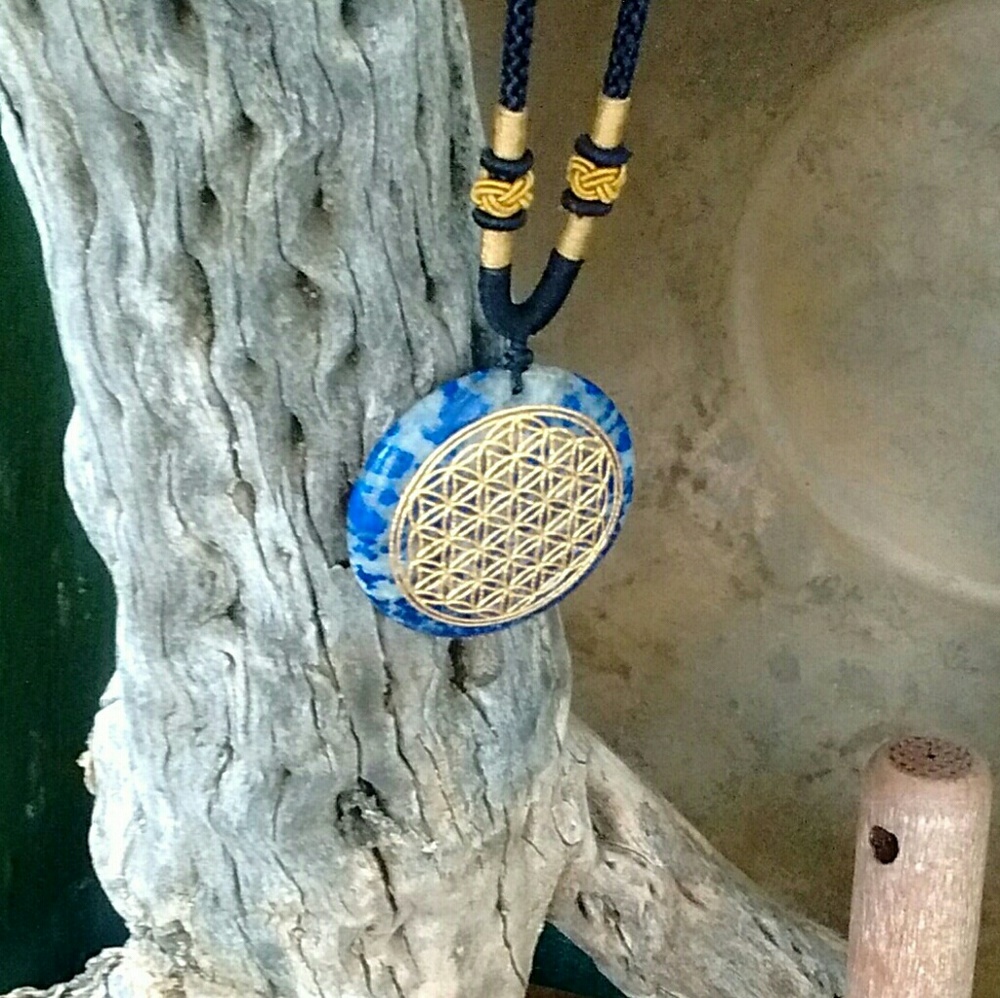 Natural Lapis Lazuli Flower of Life Necklace - Picture 2 of 7